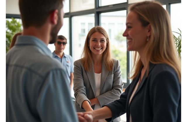 A diverse group of colleagues collaboratively welcoming a new team member in a modern office, symbolizing a smooth onboarding process.