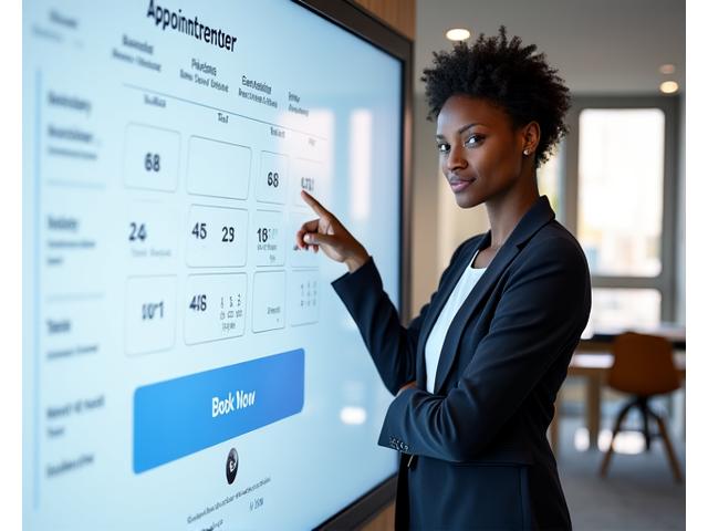 A professional standing by a large digital calendar, pointing at an available time slot, representing easy online scheduling and consultation booking.