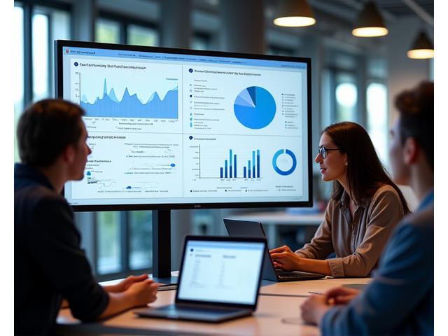 Modern office workspace with laptops displaying data dashboards and team members collaborating, symbolizing HR technology implementation.