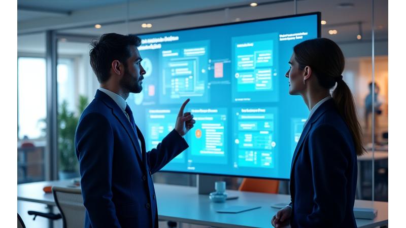 Illustration of a strategic planning session for tech hiring, with various data points and insights displayed on a board.